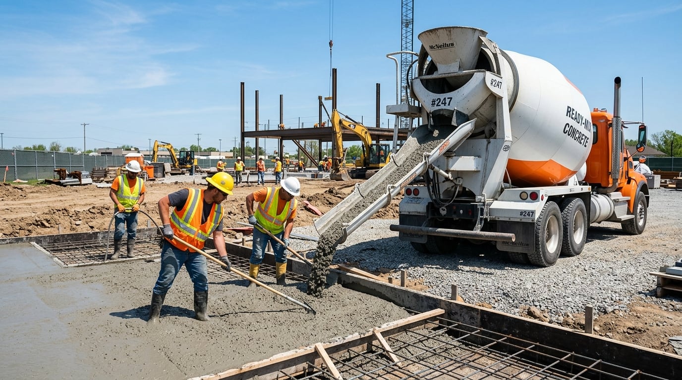 Fresh concrete being poured and finished at a jobsite on a bright day